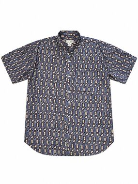 BOGARi Navy Short-Sleeve Printed 100% Silk Button-Up Shirt, Size Medium